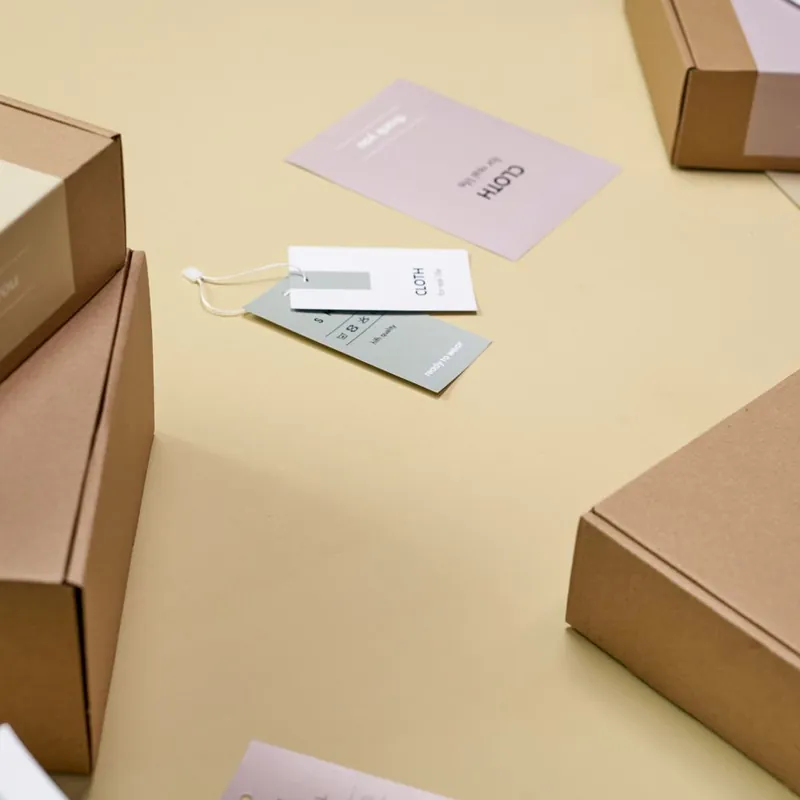 Custom branded retail packaging with mailer boxes, hang tags, and cards