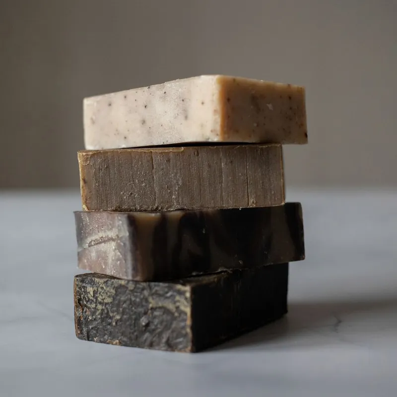 Stack of handmade soap bars, the kind once shipped in wooden soap boxes