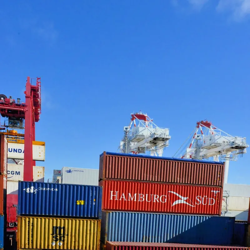 Shipping containers at a port, where import tariffs raise packaging material costs