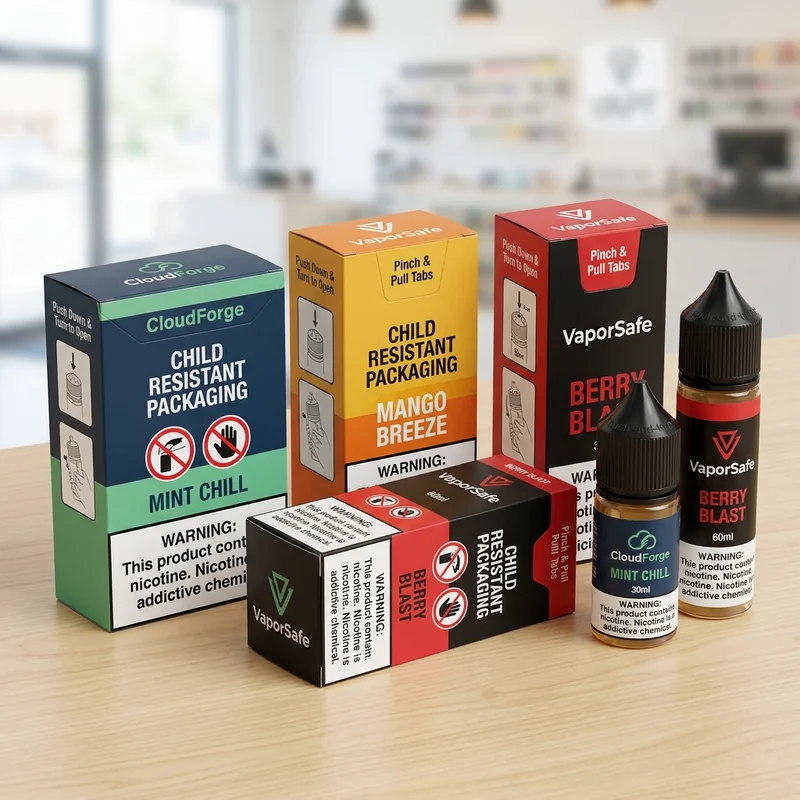 Custom printed child-resistant e-liquid boxes with brand artwork
