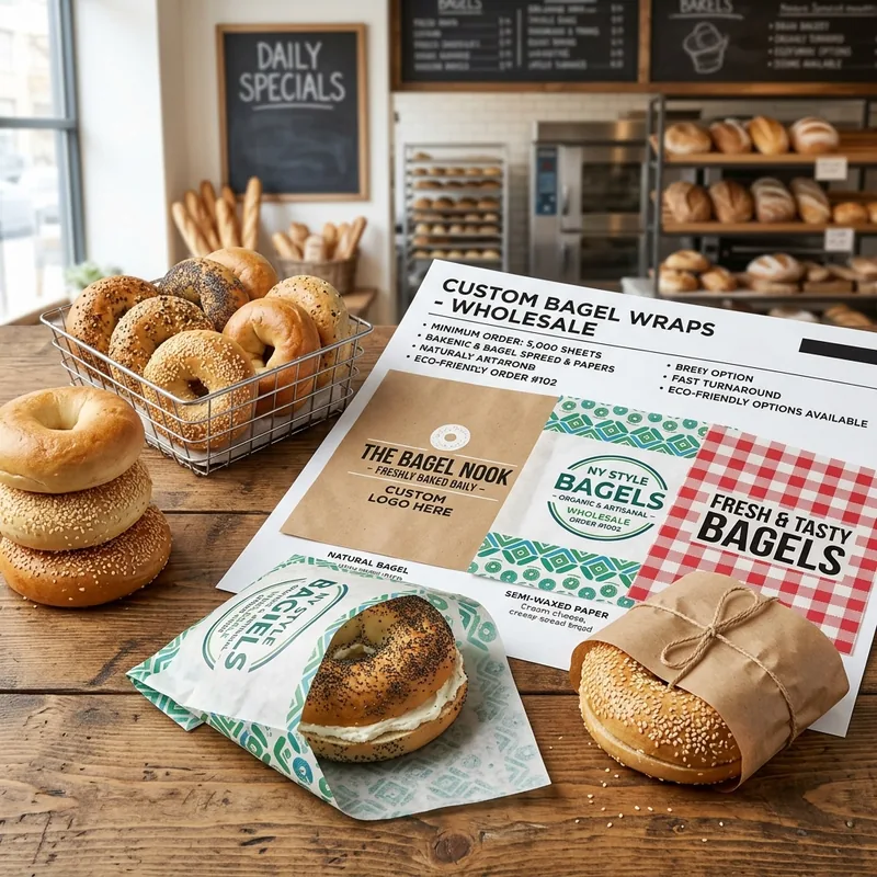 Custom printed bagel paper with a shop logo wrapping a fresh bagel