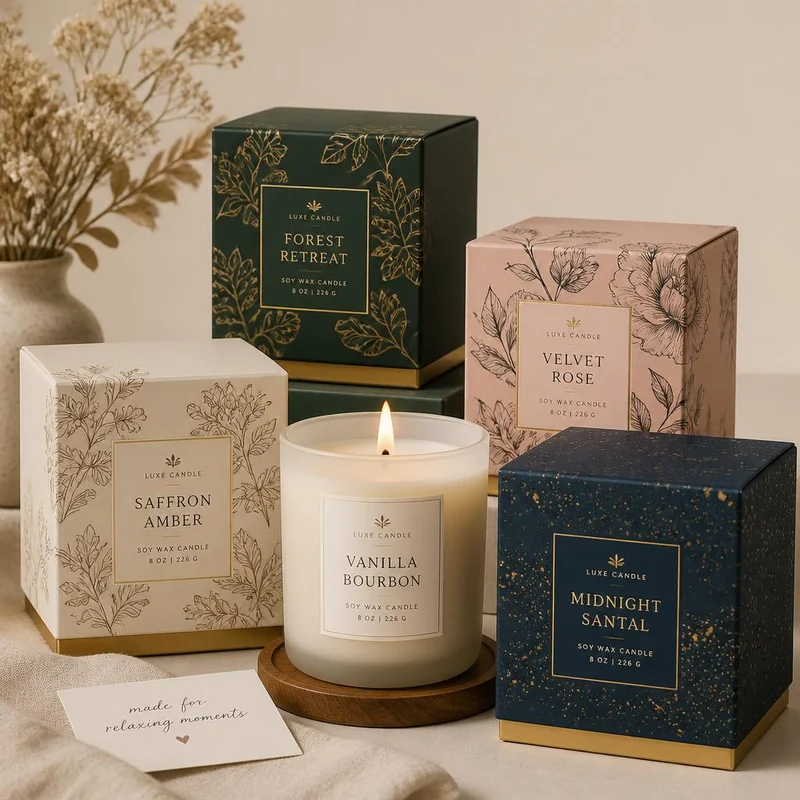 Custom candle gift box with insert and ribbon for gifting