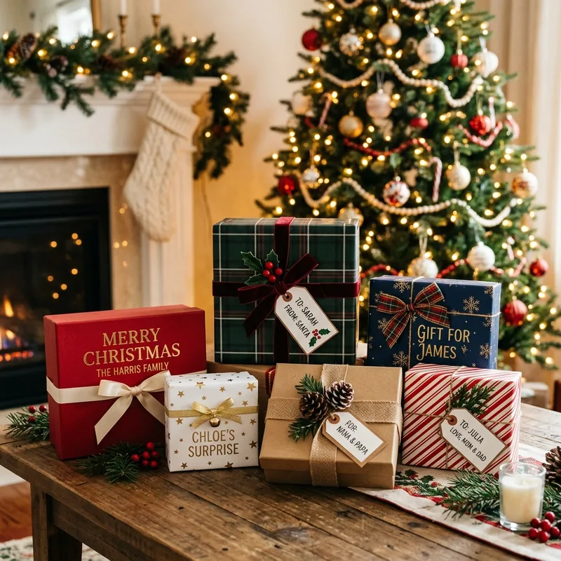 Custom printed Christmas gift boxes with festive foil and branding
