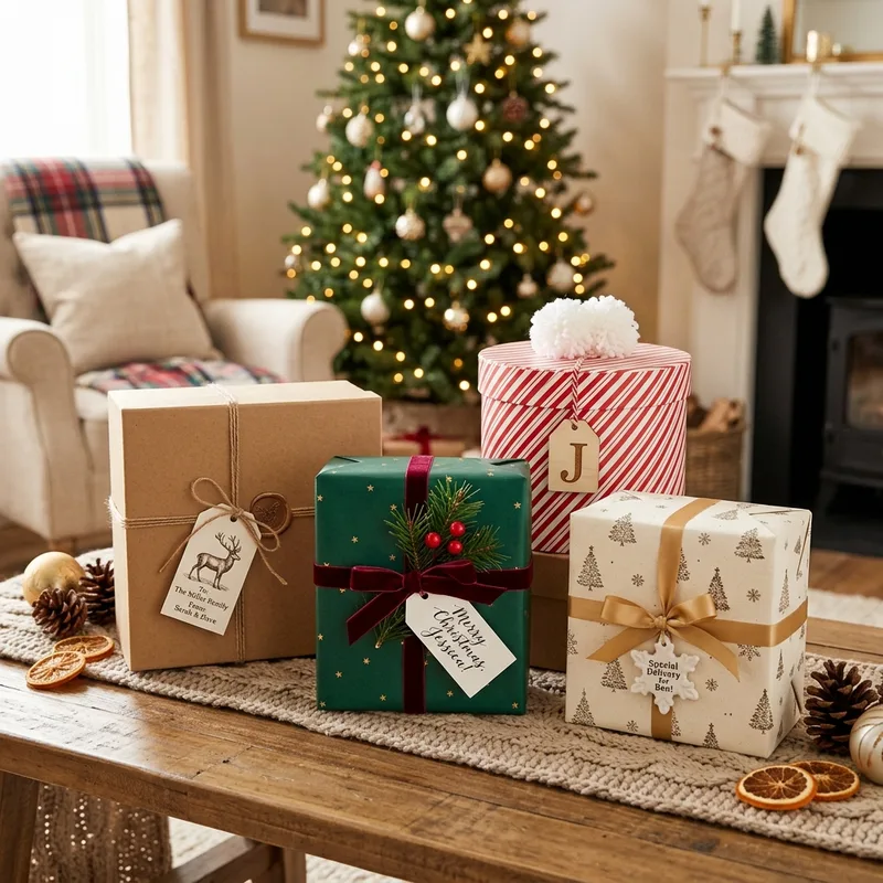 Range of Christmas gift boxes in rigid, kraft, and window styles