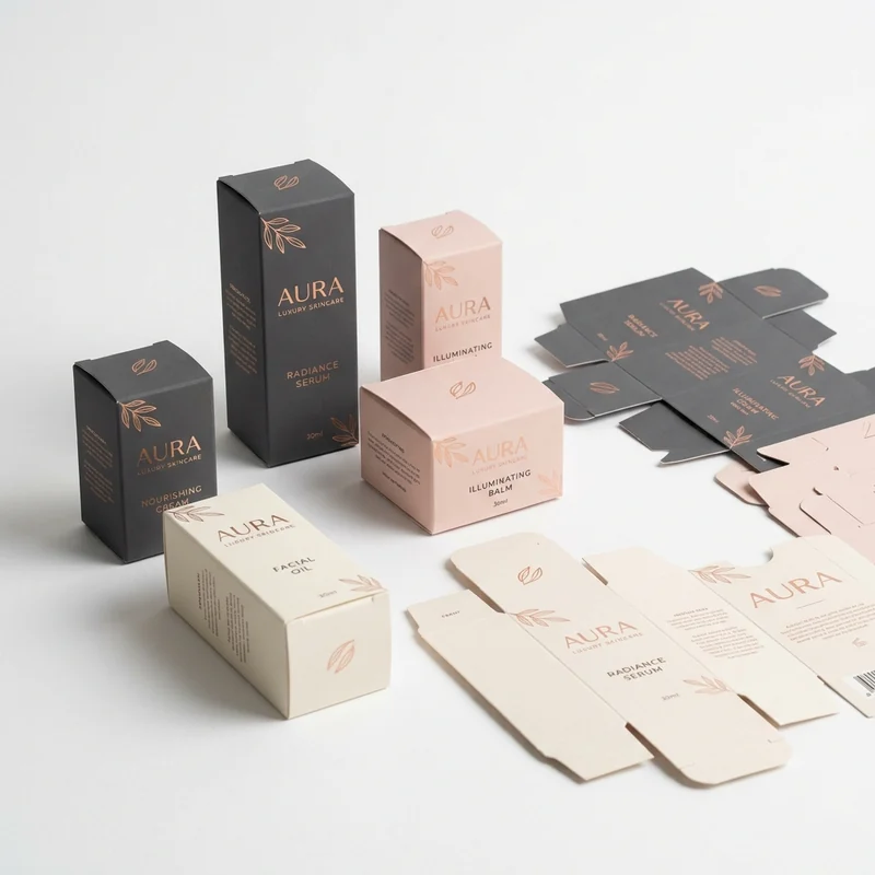 Custom cosmetic boxes printed with brand colors, logos, and premium finishes