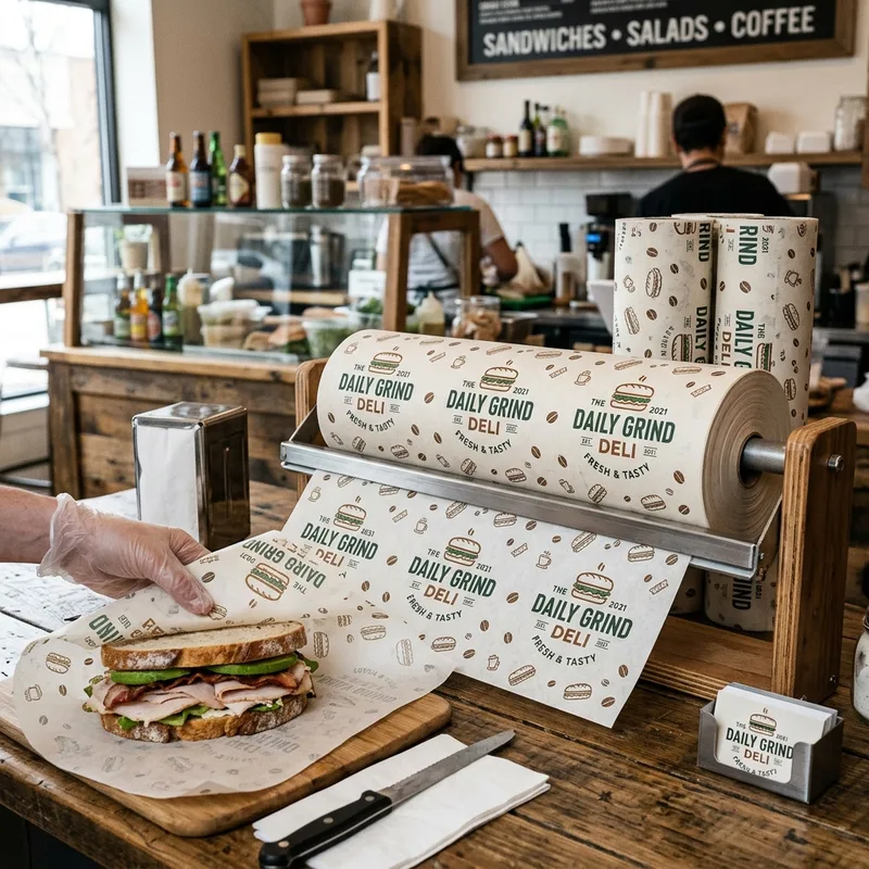 Stacks of custom printed sandwich wrap sheets in different sizes